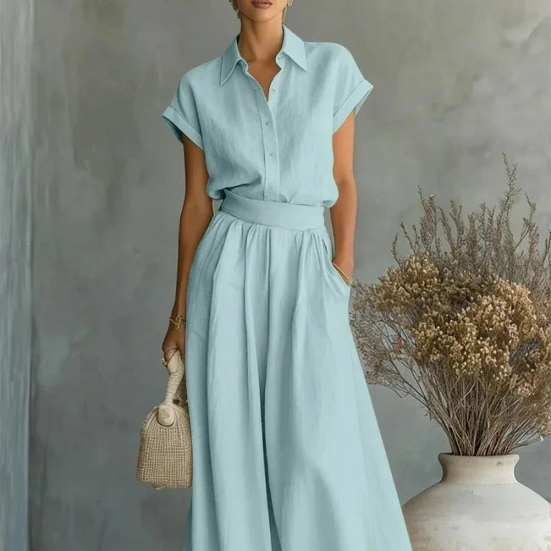 Julia - Elegante 2-Delige Linnen Set Dames met Kraag en Wijde Rok