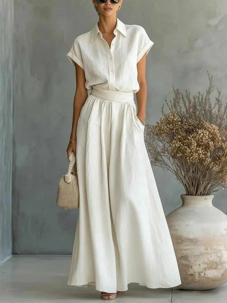 Julia - Elegante 2-Delige Linnen Set Dames met Kraag en Wijde Rok