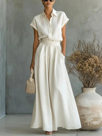 Julia - Elegante 2-Delige Linnen Set Dames met Kraag en Wijde Rok