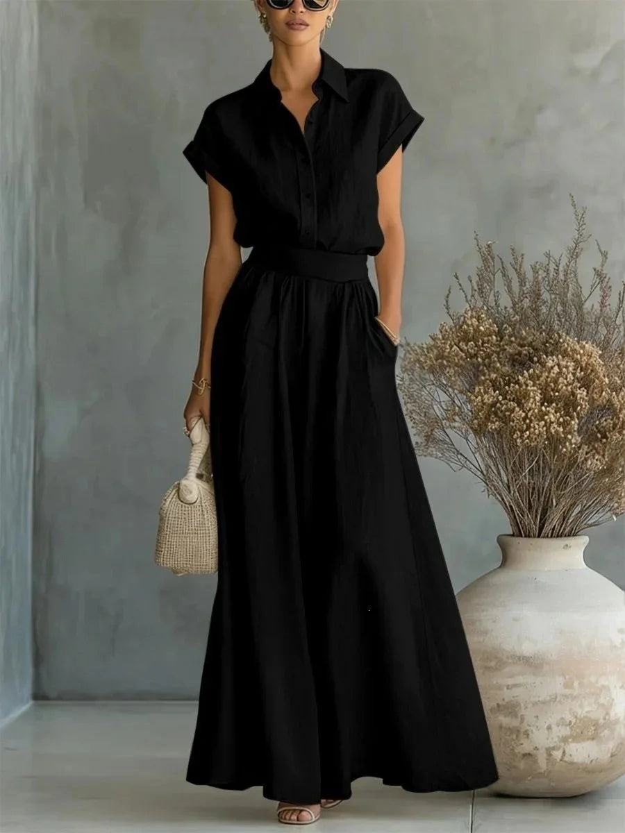 Julia - Elegante 2-Delige Linnen Set Dames met Kraag en Wijde Rok