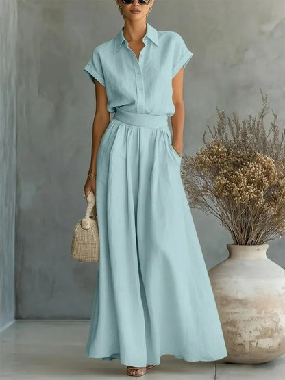 Julia - Elegante 2-Delige Linnen Set Dames met Kraag en Wijde Rok