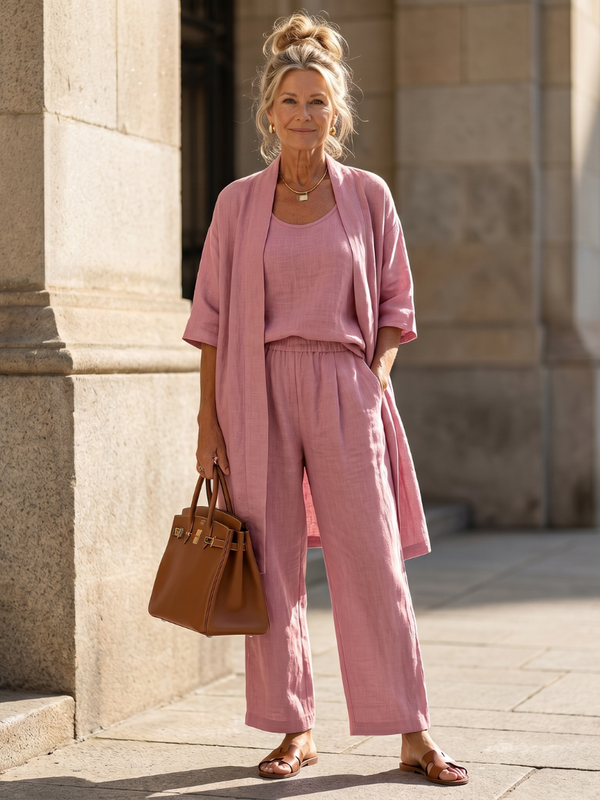 Julia - Elegante Linnen 3-Delige Set Dames met Longcardigan en Wijde Broek