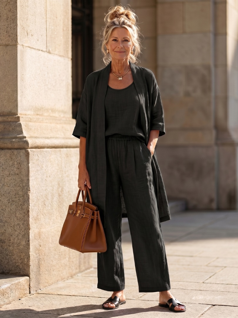 Julia - Elegante Linnen 3-Delige Set Dames met Longcardigan en Wijde Broek