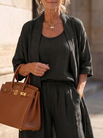 Julia - Elegante Linnen 3-Delige Set Dames met Longcardigan en Wijde Broek