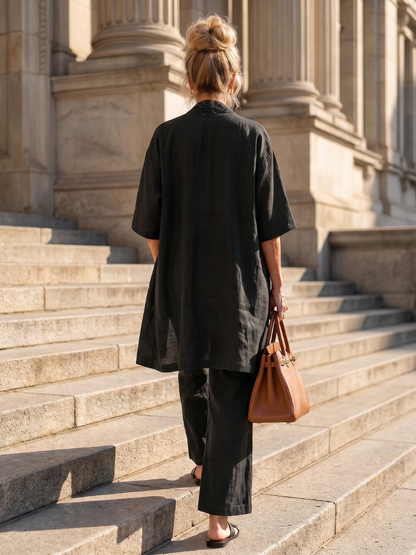 Julia - Elegante Linnen 3-Delige Set Dames met Longcardigan en Wijde Broek