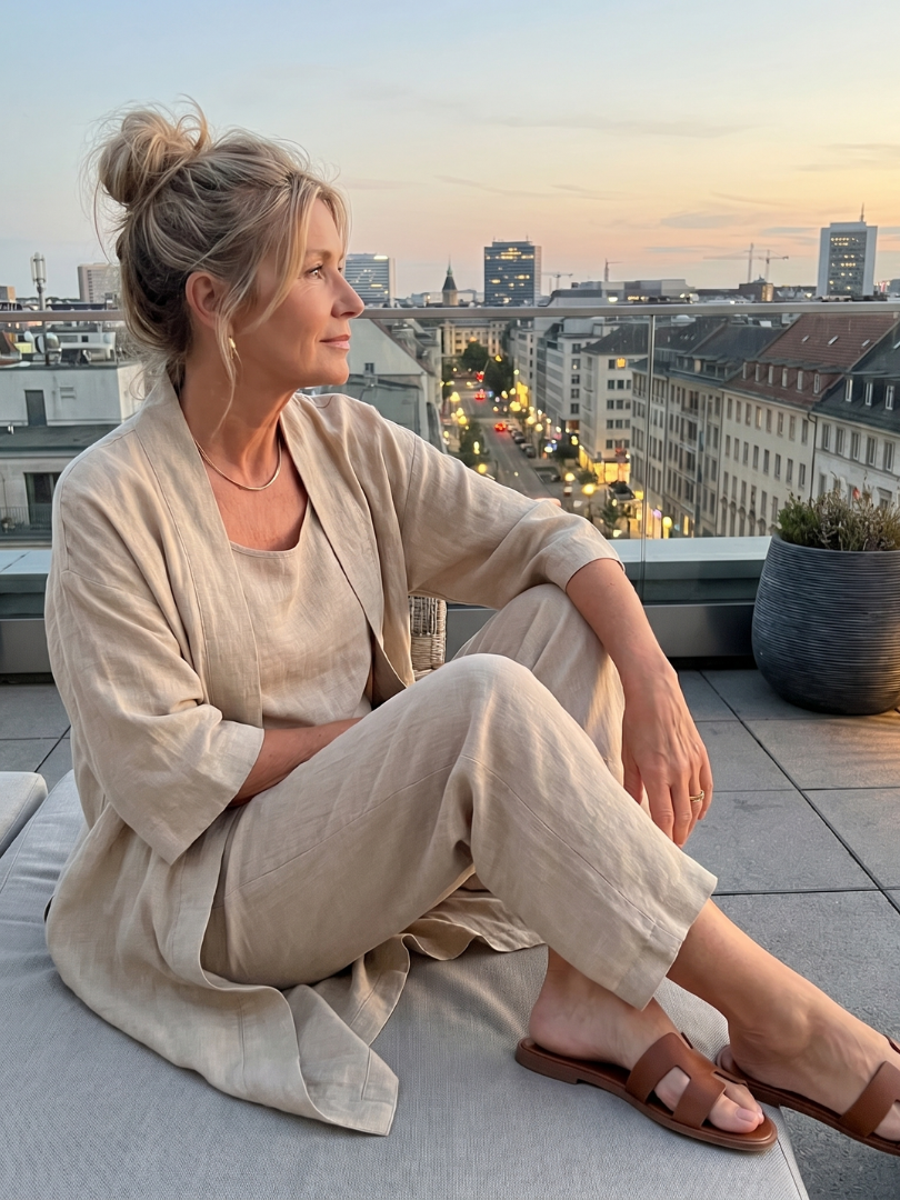 Julia - Elegante Linnen 3-Delige Set Dames met Longcardigan en Wijde Broek