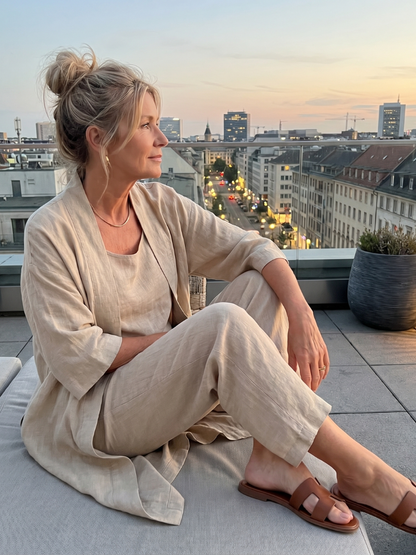 Julia - Elegante Linnen 3-Delige Set Dames met Longcardigan en Wijde Broek