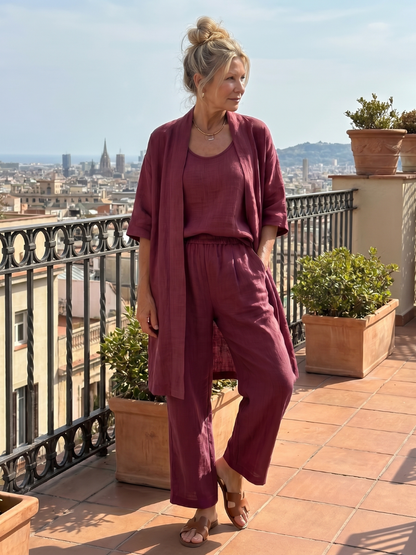 Julia - Elegante Linnen 3-Delige Set Dames met Longcardigan en Wijde Broek