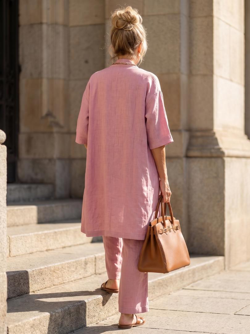 Julia - Elegante Linnen 3-Delige Set Dames met Longcardigan en Wijde Broek
