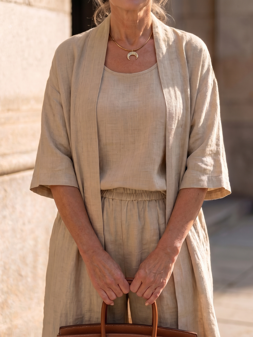 Julia - Elegante Linnen 3-Delige Set Dames met Longcardigan en Wijde Broek