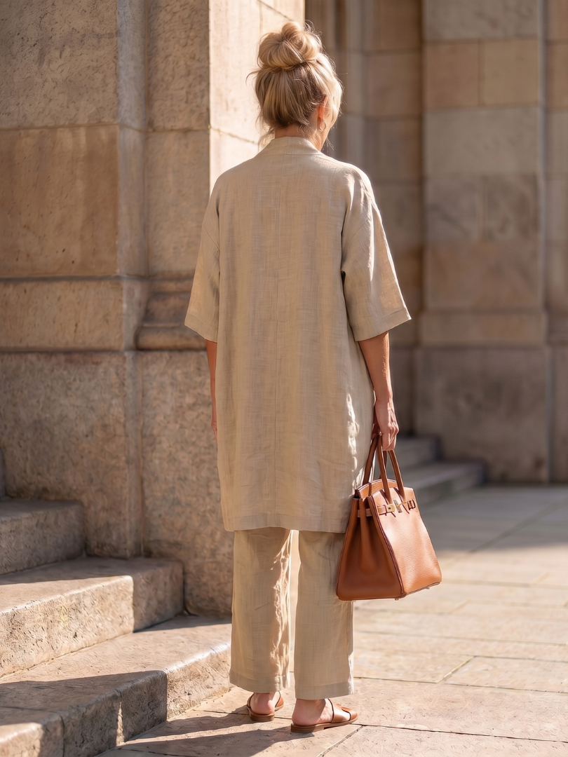 Julia - Elegante Linnen 3-Delige Set Dames met Longcardigan en Wijde Broek