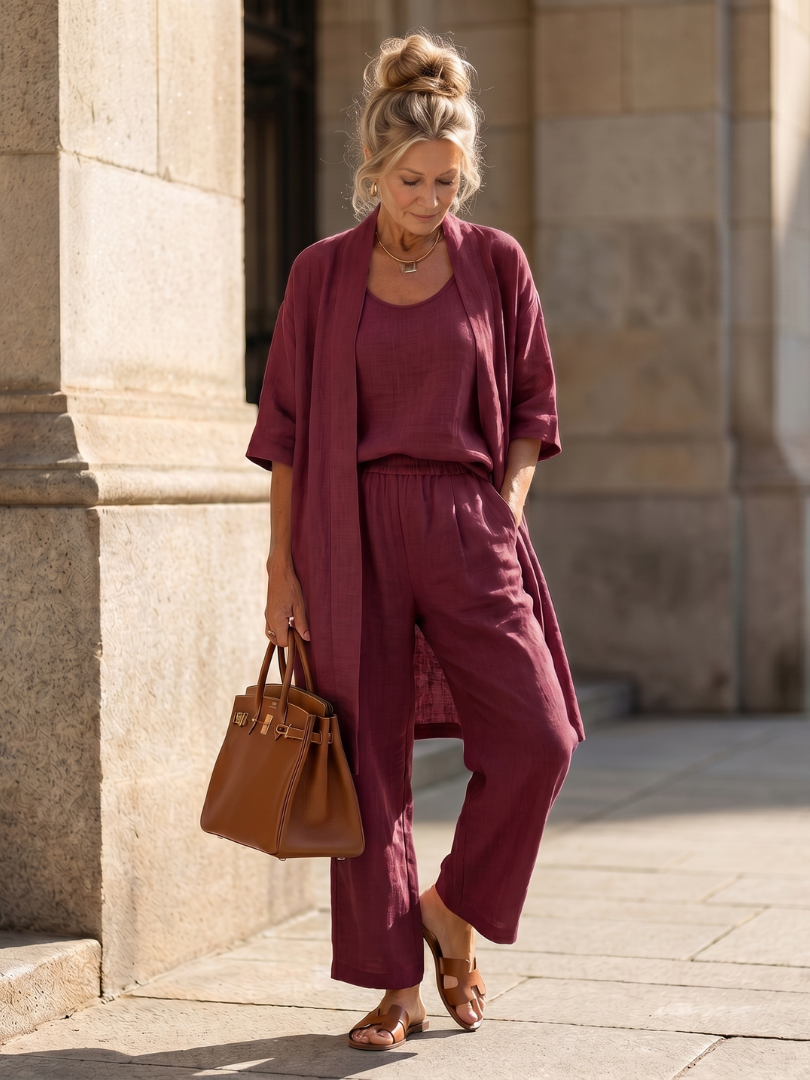 Julia - Elegante Linnen 3-Delige Set Dames met Longcardigan en Wijde Broek