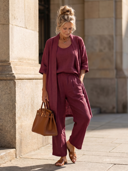 Julia - Elegante Linnen 3-Delige Set Dames met Longcardigan en Wijde Broek