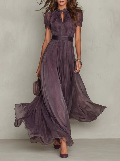 Julia - Elegante Maxi Jurk Dames met Keyhole Halslijn en Korte Mouwen