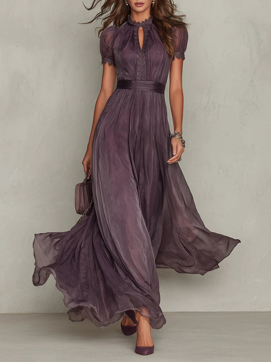 Julia - Elegante Maxi Jurk Dames met Keyhole Halslijn en Korte Mouwen