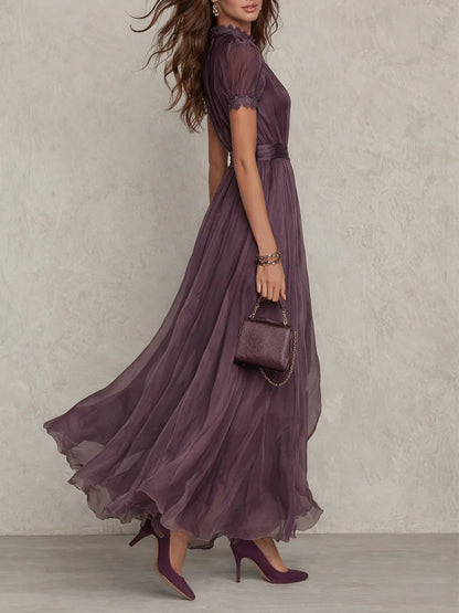 Julia - Elegante Maxi Jurk Dames met Keyhole Halslijn en Korte Mouwen
