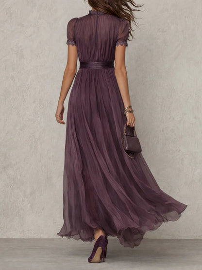 Julia - Elegante Maxi Jurk Dames met Keyhole Halslijn en Korte Mouwen