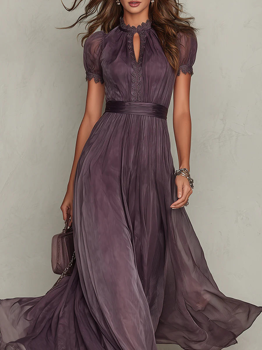 Julia - Elegante Maxi Jurk Dames met Keyhole Halslijn en Korte Mouwen