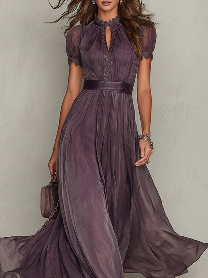 Julia - Elegante Maxi Jurk Dames met Keyhole Halslijn en Korte Mouwen