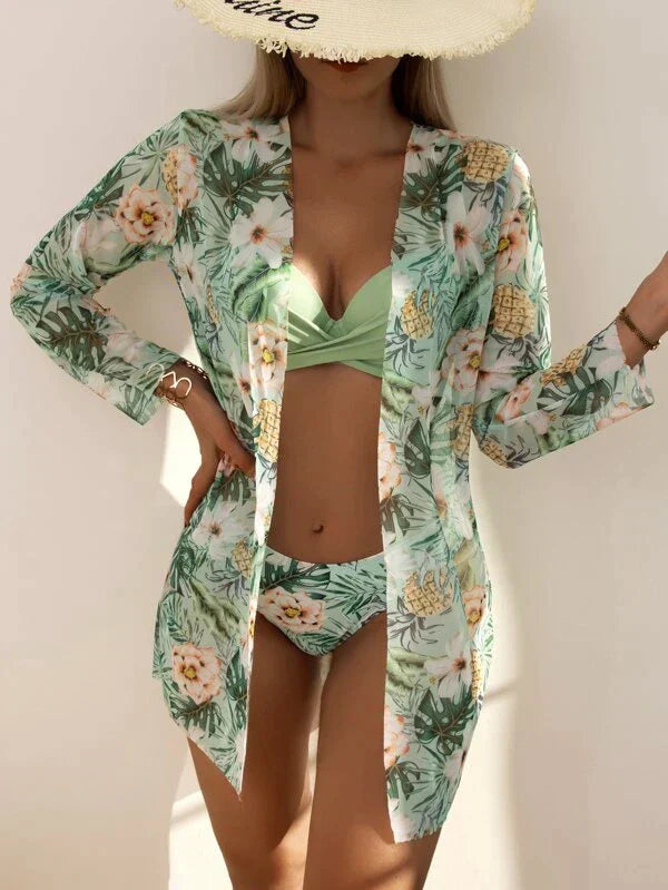Julia - Feestelijke Bikini Set Dames met Tropische Coverup en Gekruiste Top