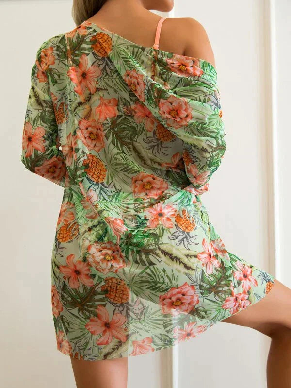 Julia - Feestelijke Bikini Set Dames met Tropische Coverup en Gekruiste Top