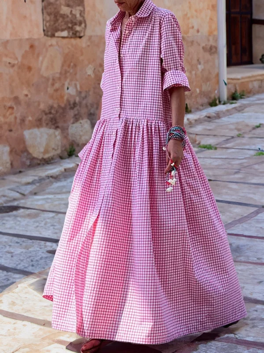 Julia - Vintage Grote Maten Maxi Jurk Dames met Blousekraag en Driekwart Mouwen