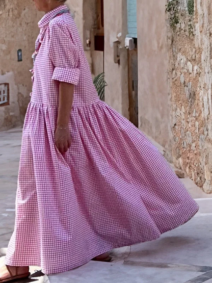 Julia - Vintage Grote Maten Maxi Jurk Dames met Blousekraag en Driekwart Mouwen