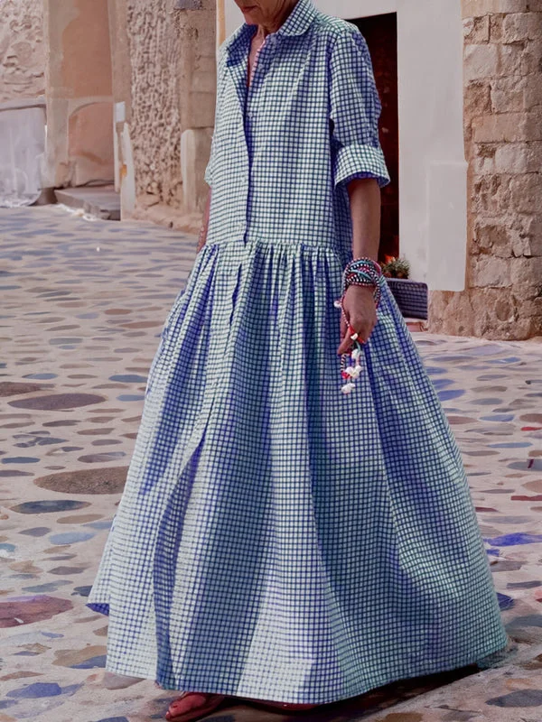Julia - Vintage Grote Maten Maxi Jurk Dames met Blousekraag en Driekwart Mouwen