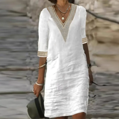Lara - Casual Zomerjurk Dames Midi met V-hals en Kanten Details