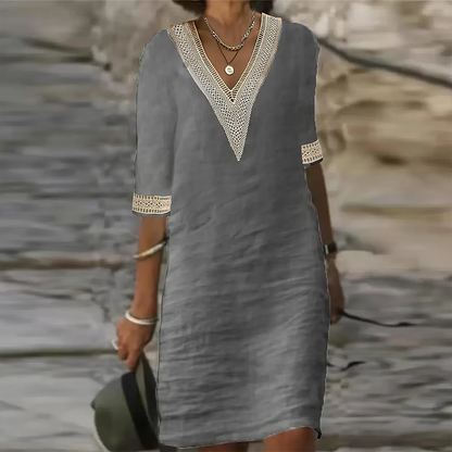 Lara - Casual Zomerjurk Dames Midi met V-hals en Kanten Details