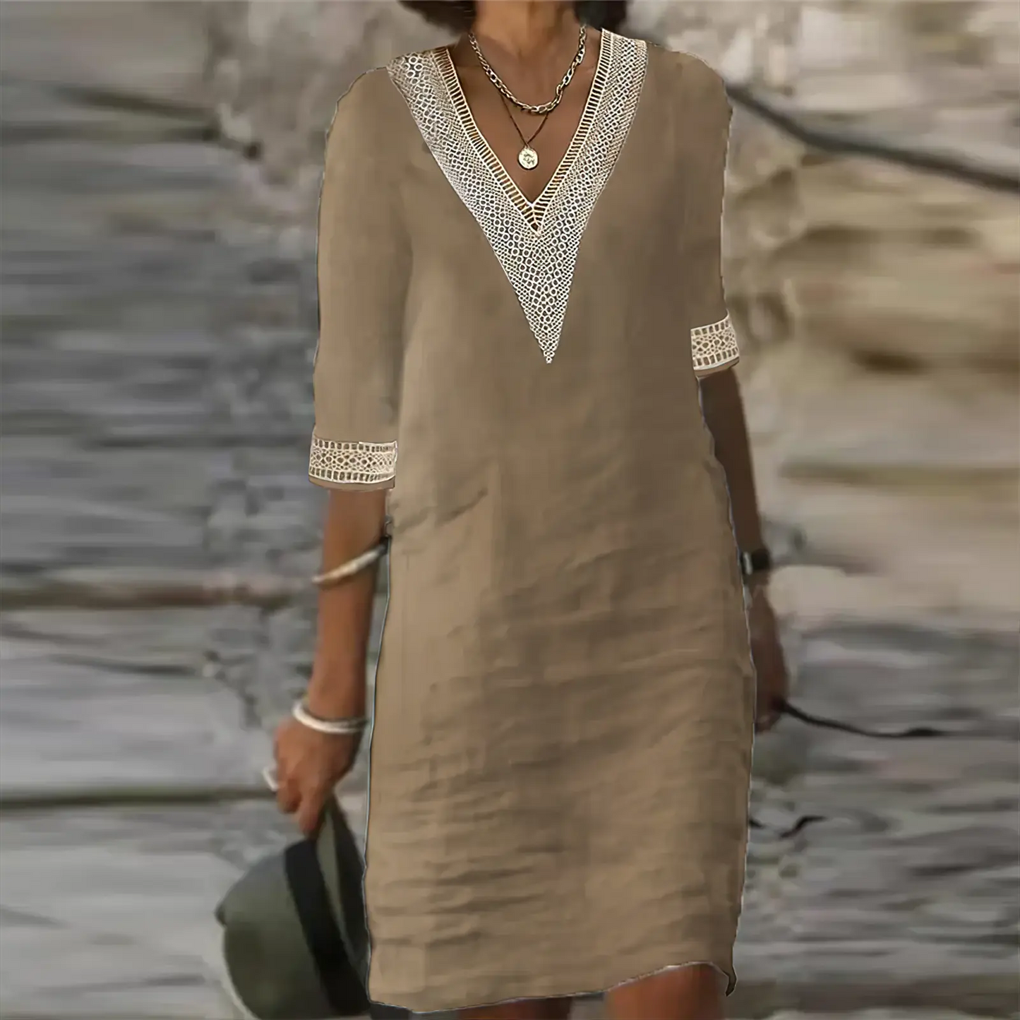 Lara - Casual Zomerjurk Dames Midi met V-hals en Kanten Details
