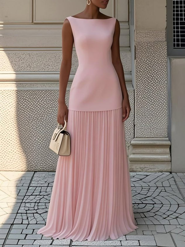 Lara - Chique Bruiloft Gastenjurk Dames met Boothals en Geplooide Maxi Rok