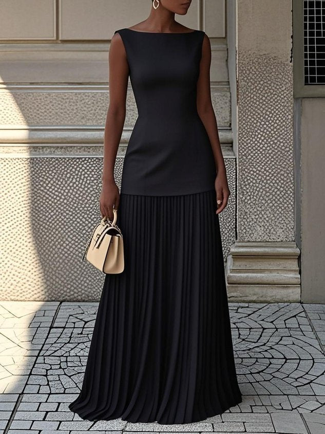 Lara - Chique Bruiloft Gastenjurk Dames met Boothals en Geplooide Maxi Rok