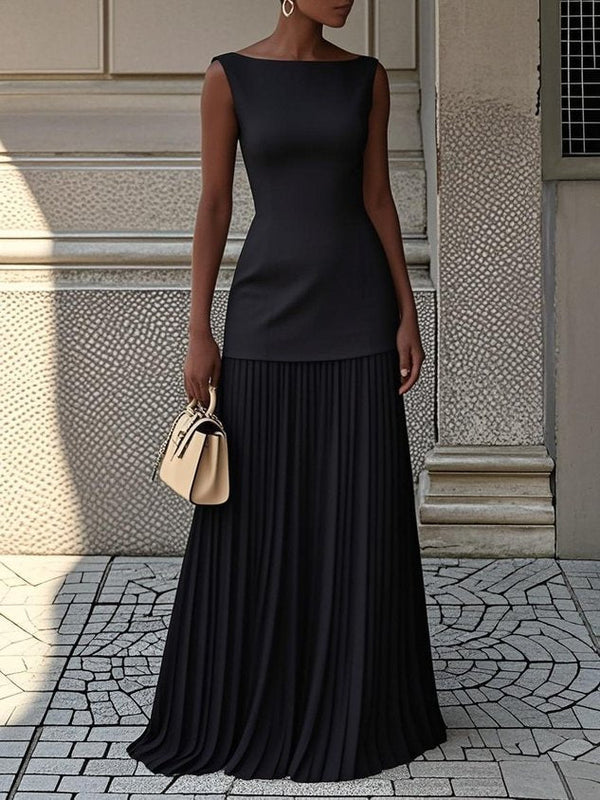 Lara - Chique Bruiloft Gastenjurk Dames met Boothals en Geplooide Maxi Rok