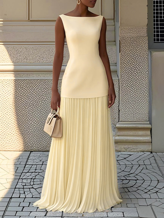 Lara - Chique Bruiloft Gastenjurk Dames met Boothals en Geplooide Maxi Rok