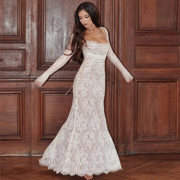 Lara - Elegante Bruiloft Gastenjurk Dames met Lange Mouwen en Zeemeermin Silhouet