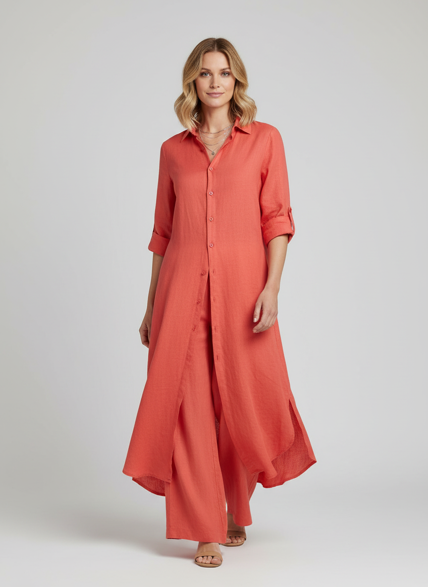Lara - Elegante Linnen Co-Ord Set Dames met Maxi Blousejurk en Wijde Broek
