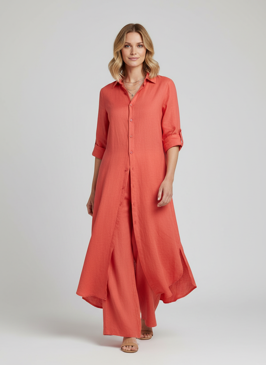 Lara - Elegante Linnen Co-Ord Set Dames met Maxi Blousejurk en Wijde Broek