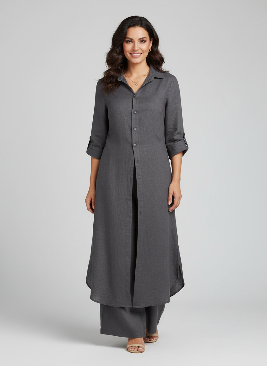 Lara - Elegante Linnen Co-Ord Set Dames met Maxi Blousejurk en Wijde Broek