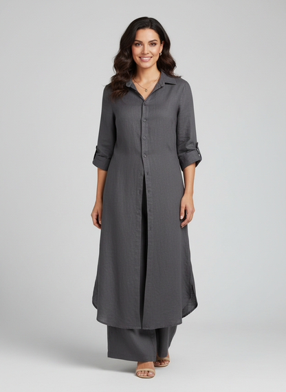 Lara - Elegante Linnen Co-Ord Set Dames met Maxi Blousejurk en Wijde Broek