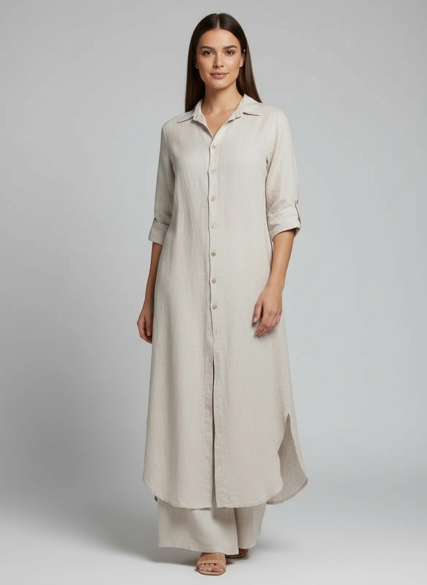 Lara - Elegante Linnen Co-Ord Set Dames met Maxi Blousejurk en Wijde Broek