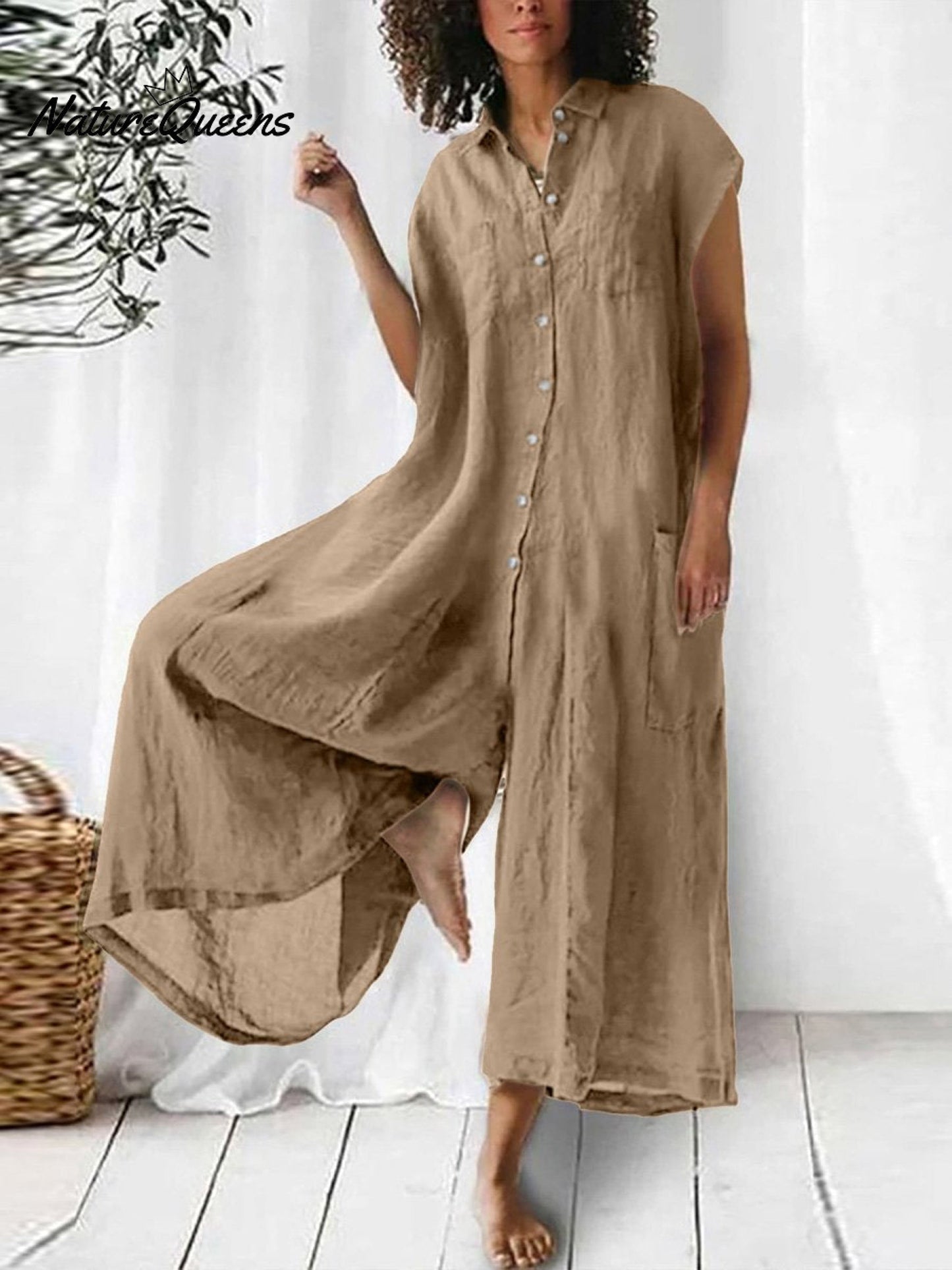 Lara - Klassieke Linnen Jumpsuit Dames met Knopen Sluiting en Korte Mouwen