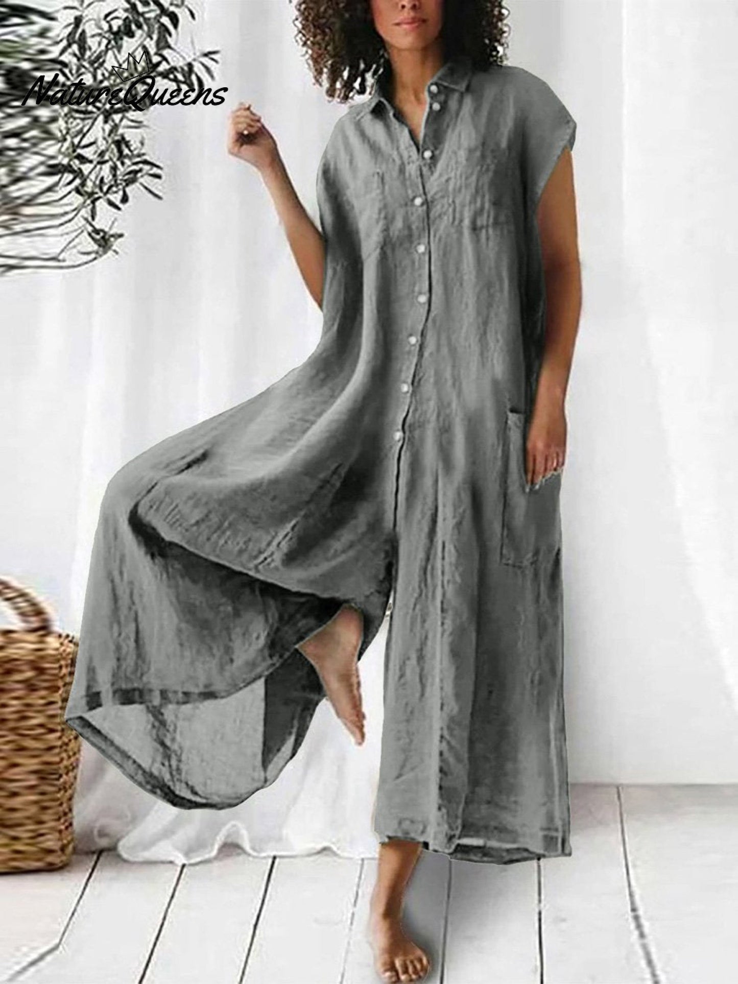 Lara - Klassieke Linnen Jumpsuit Dames met Knopen Sluiting en Korte Mouwen