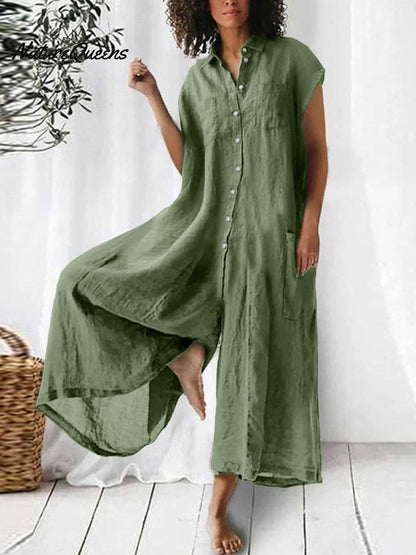 Lara - Klassieke Linnen Jumpsuit Dames met Knopen Sluiting en Korte Mouwen