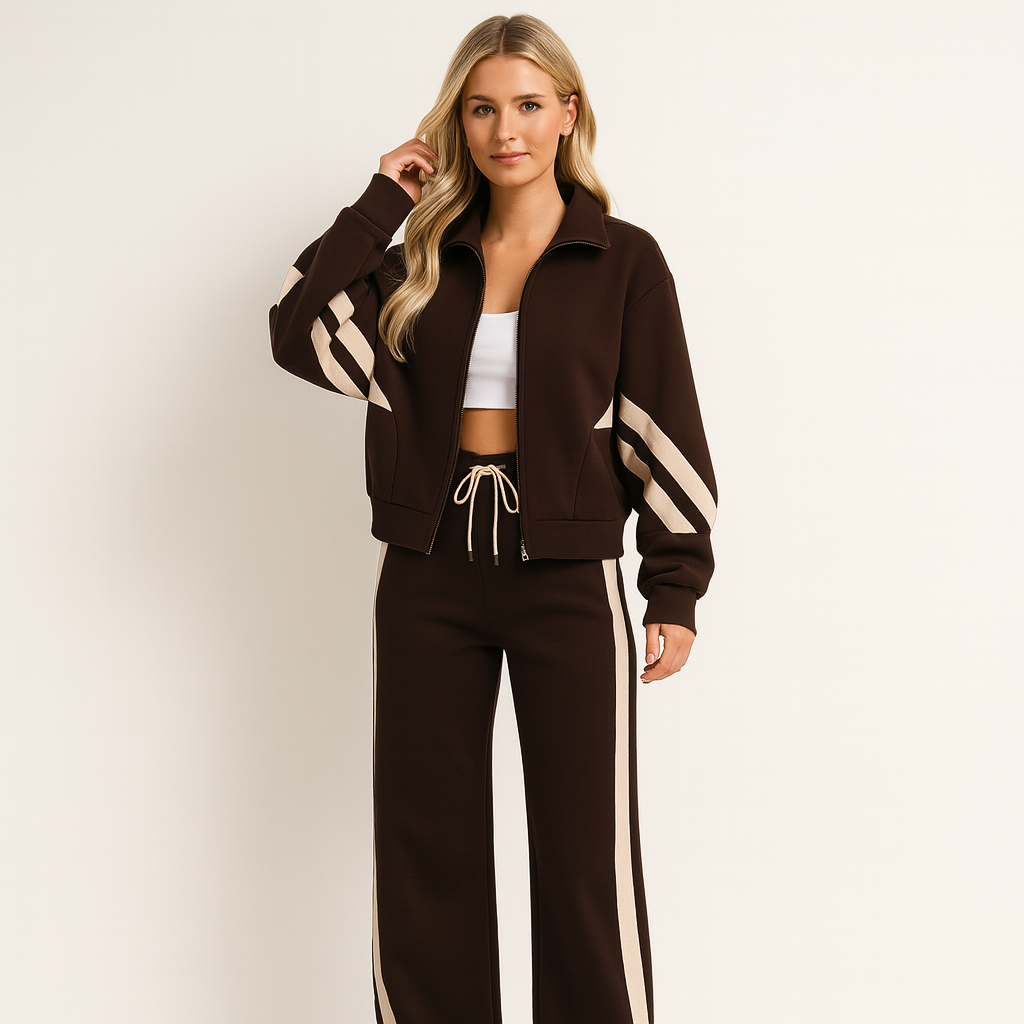 Lena - Dames Trainingspak Comfortabel met Ritsjack Wijde Broek en Strepen