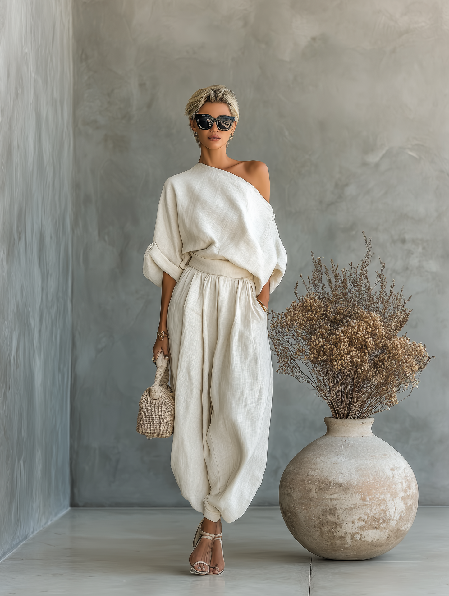 Lieke - Boho 2-Delige Linnen Set Dames met Off-shoulder en Ballonbroek