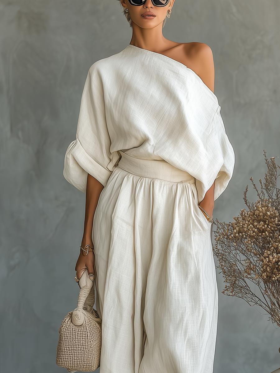 Lieke - Boho 2-Delige Linnen Set Dames met Off-shoulder en Ballonbroek