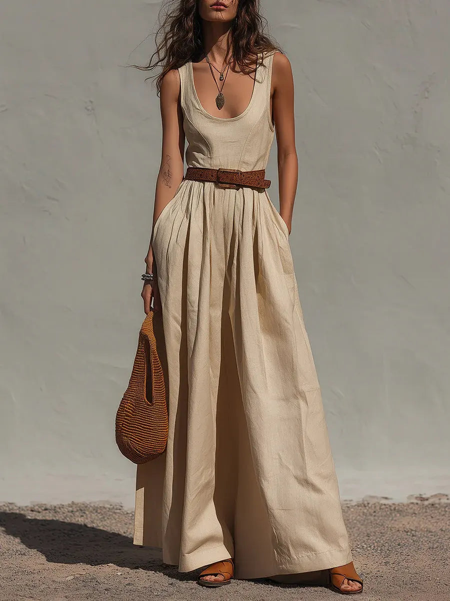 Lieke - Boho Linnen Jumpsuit Dames met Wijde Pijpen en Ceintuur