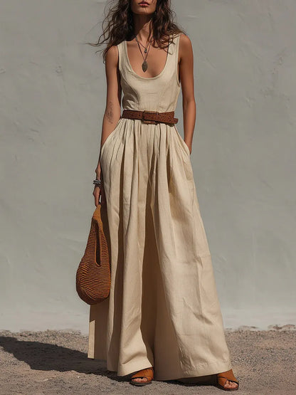 Lieke - Boho Linnen Jumpsuit Dames met Wijde Pijpen en Ceintuur