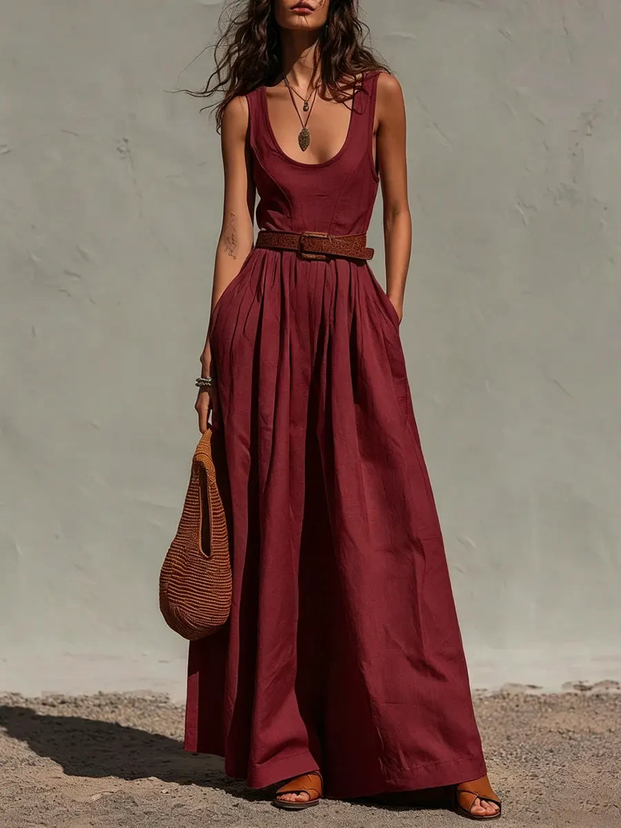 Lieke - Boho Linnen Jumpsuit Dames met Wijde Pijpen en Ceintuur